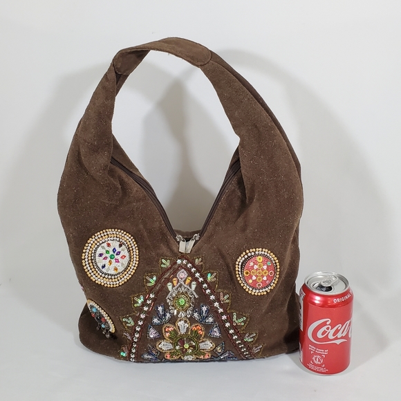 Dark Brown Suede Fuzzy Suede Leather Shoulder Handbag Hobo Boho Hippy Chic Zip - Picture 3 of 16